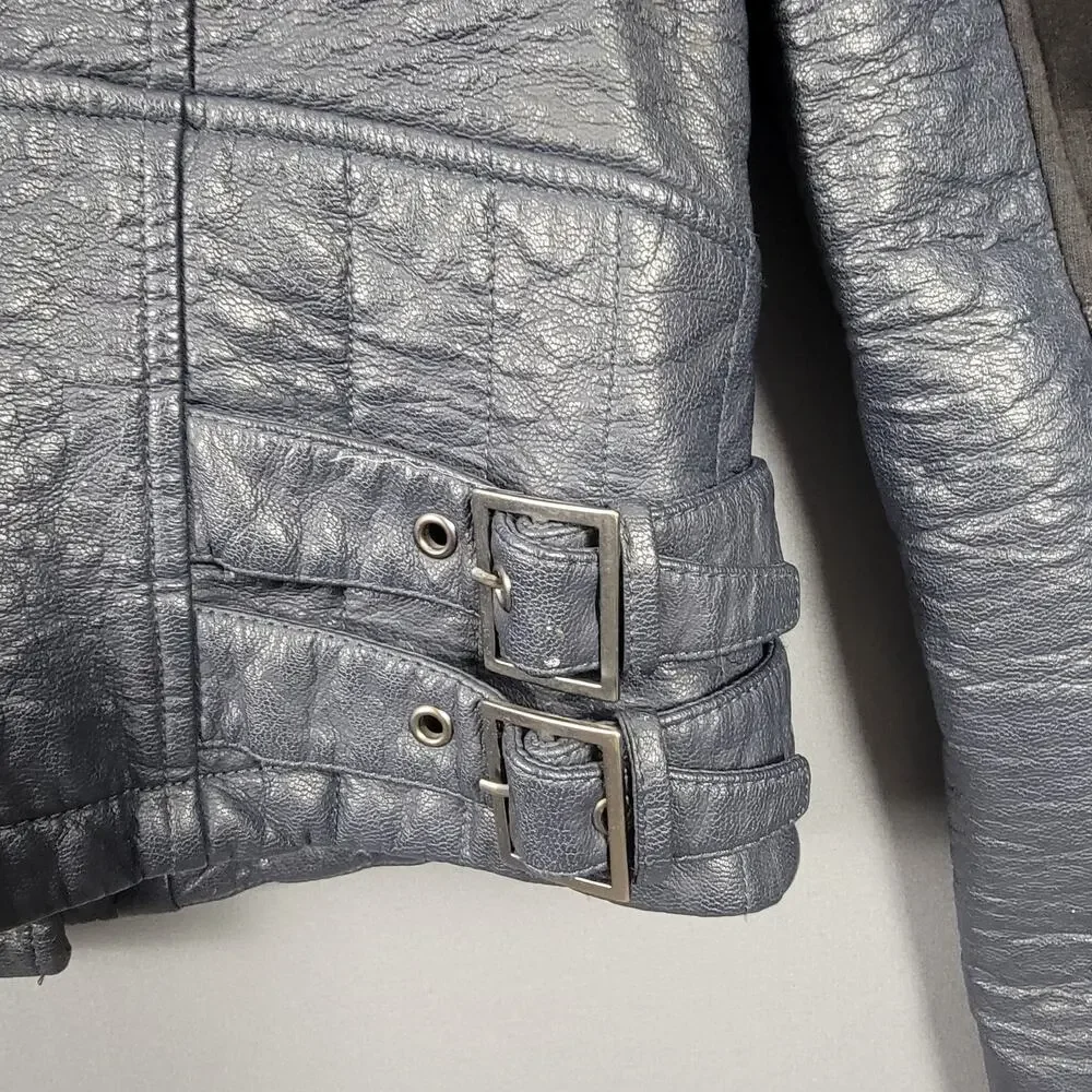 Bernardo Faux Leather Moto Biker Jacket Gray Asym Zip Buckle Hardware - Picture 3 of 10